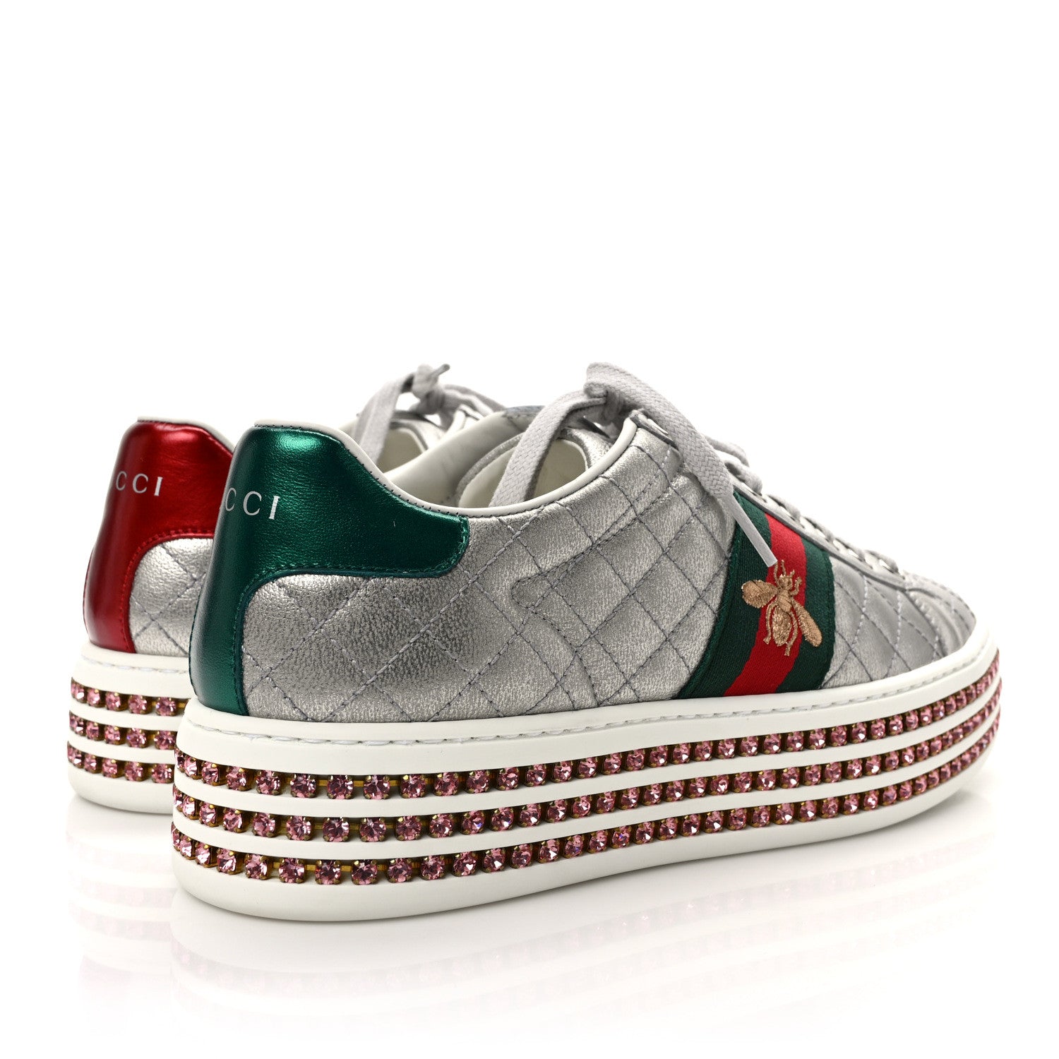 Gucci Laminated Nappa Crystal Web Bee Embroidered Trapuntata Womens Ace Platform Sneakers 38 Argento 4 of 10