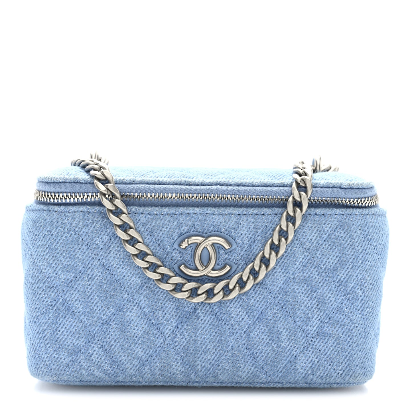 Denim Quilted Sweetheart Small Vanity Case With Chain Blue