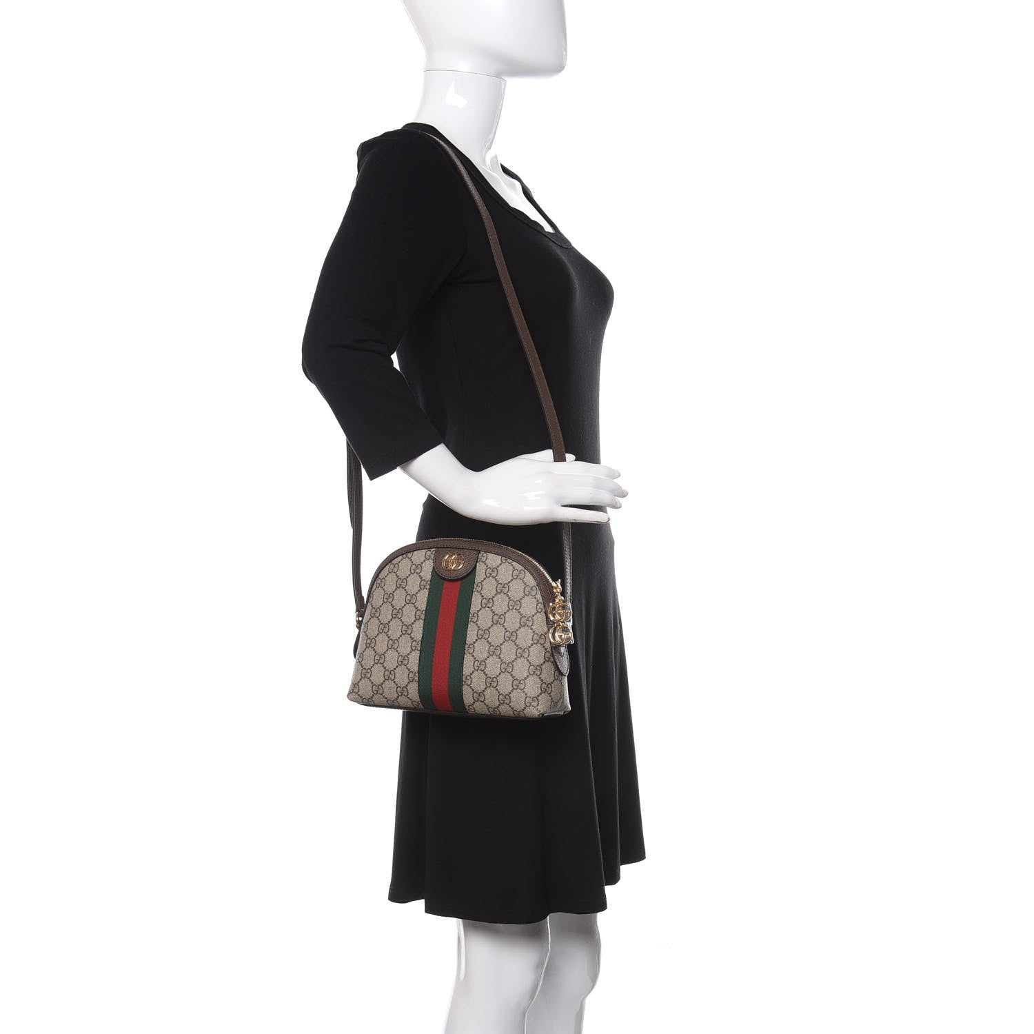 Gucci GG Supreme Monogram Textured Dollar Calfskin Web Small Ophidia Dome Shoulder Bag Beige Ebony New Acero 2 of 10