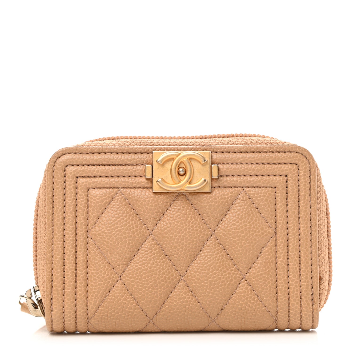 Chanel Caviar Quilted Boy Zip Around Coin Purse Wallet Beige 1 of 7
