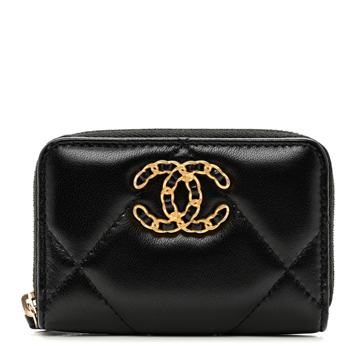 Lambskin Quilted Chanel 19 Zip Around Coin Purse Wallet Black