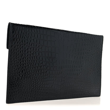Saint Laurent Calfskin Crocodile Embossed Uptown Monogram Pouch Black 3 of 7