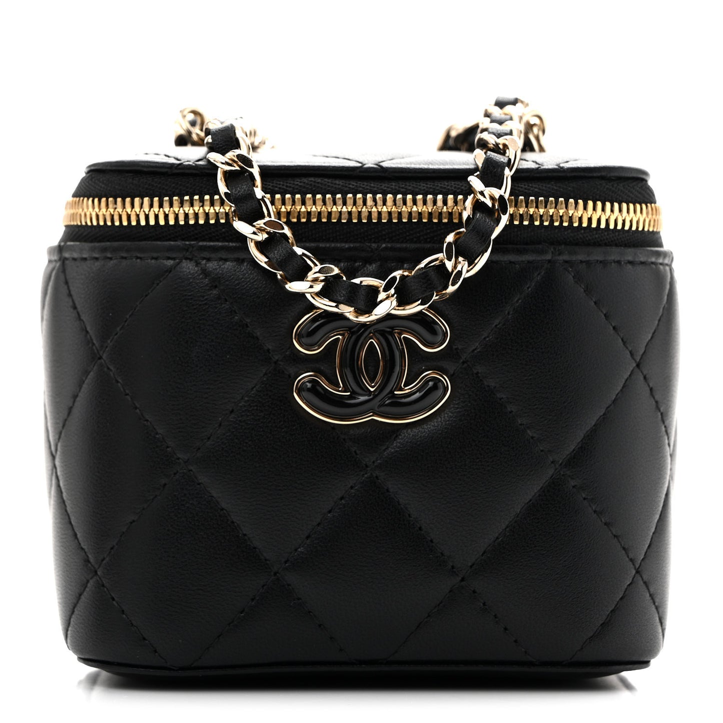 Lambskin Quilted Mini Enamel Vanity Case With Chain Black