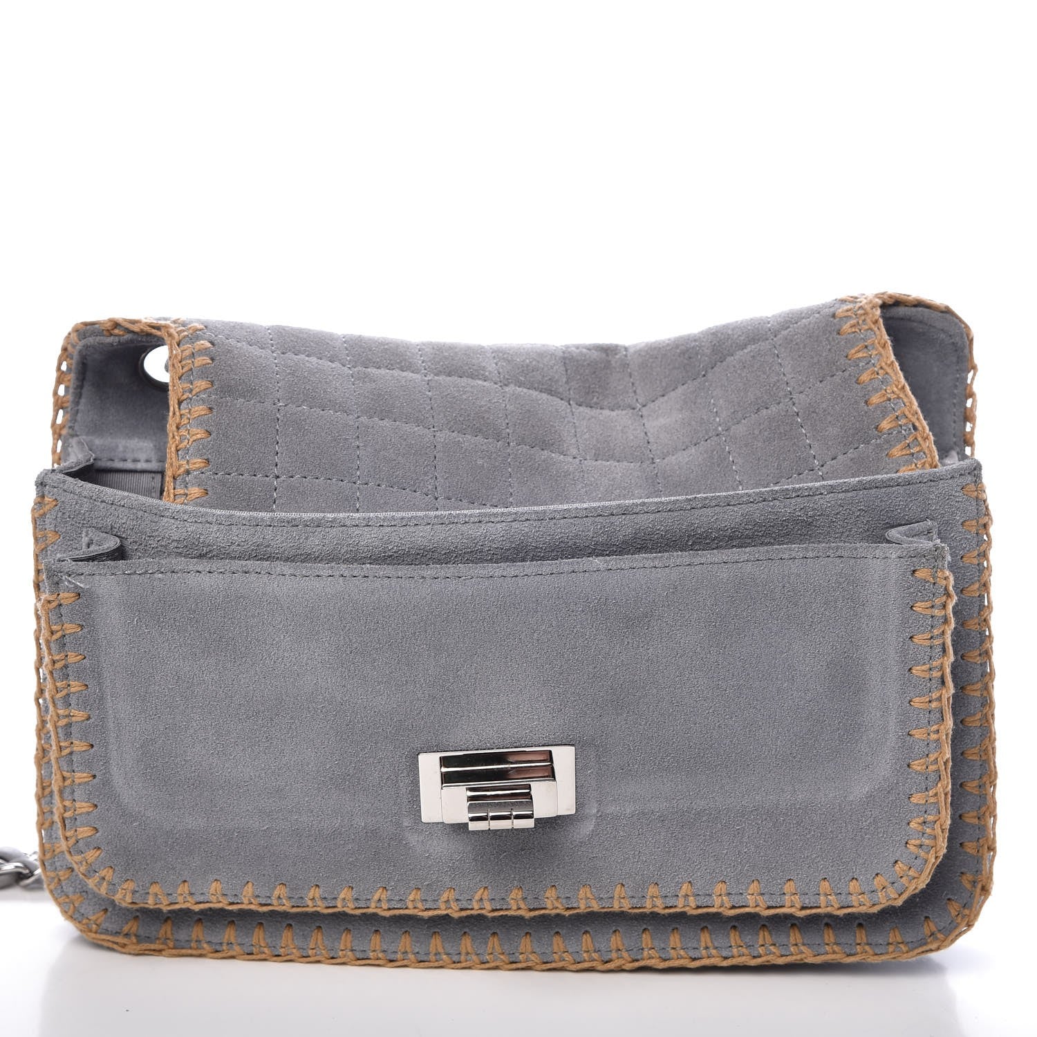 Chanel Suede Chocolate Bar Whipstitch Mademoiselle Flap Grey 8 of 9