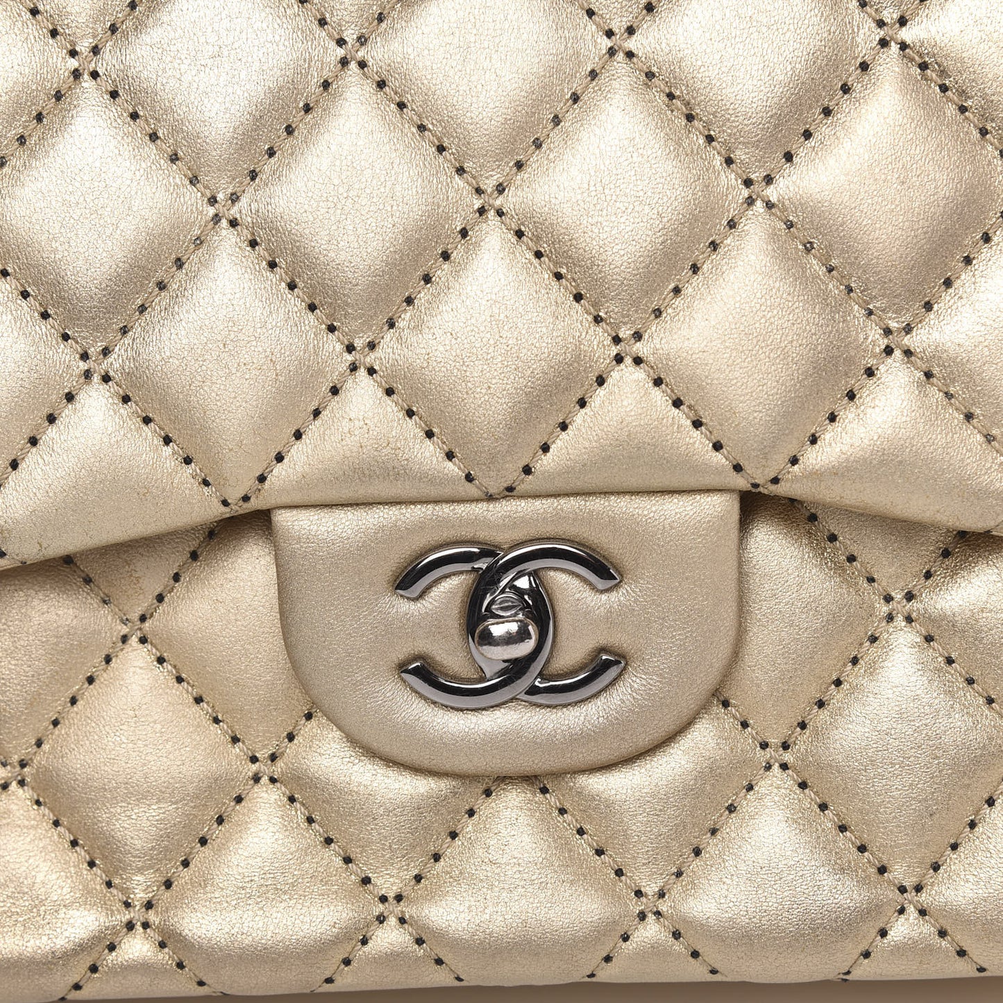 Metallic Washed Lambskin Quilted Jumbo Double Flap Dark Gold Black