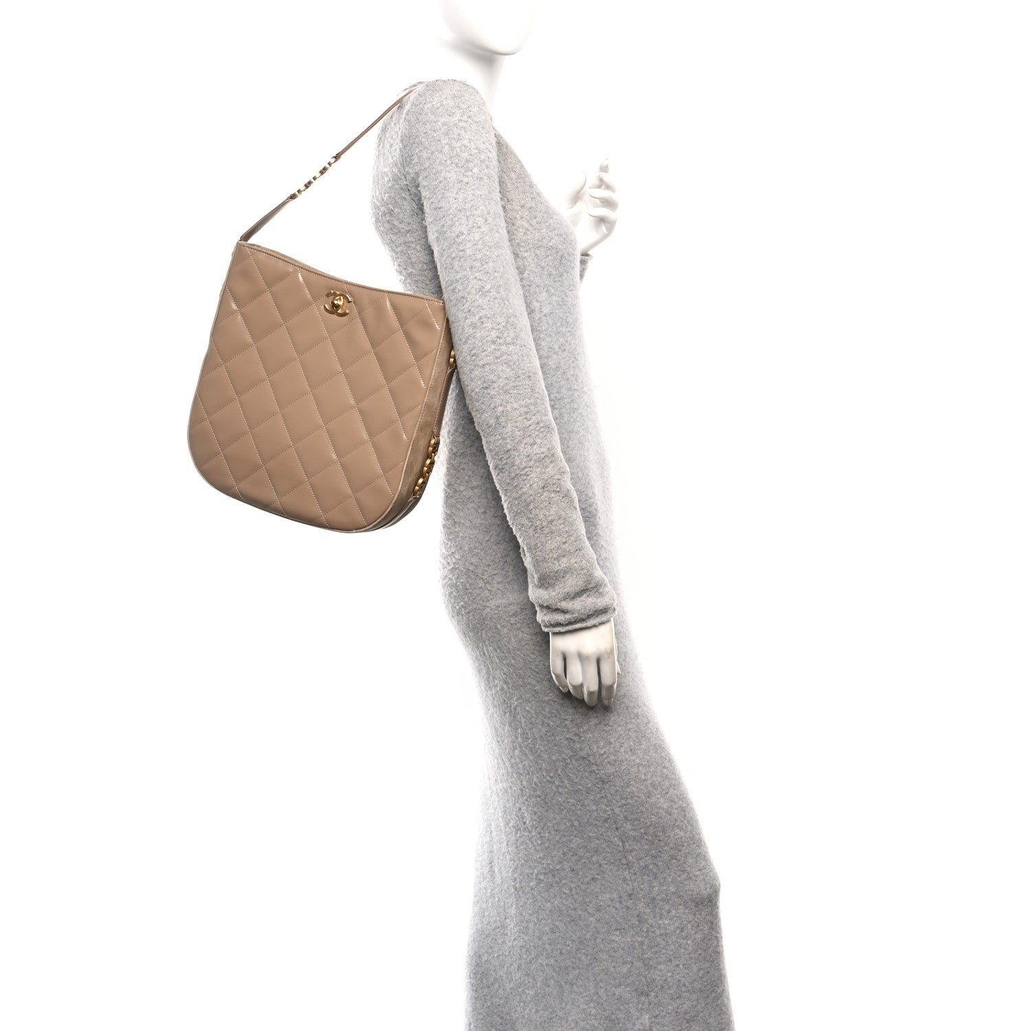 Chanel Shiny Calfskin Suede Goatskin Quilted Hobo Beige 2 of 11