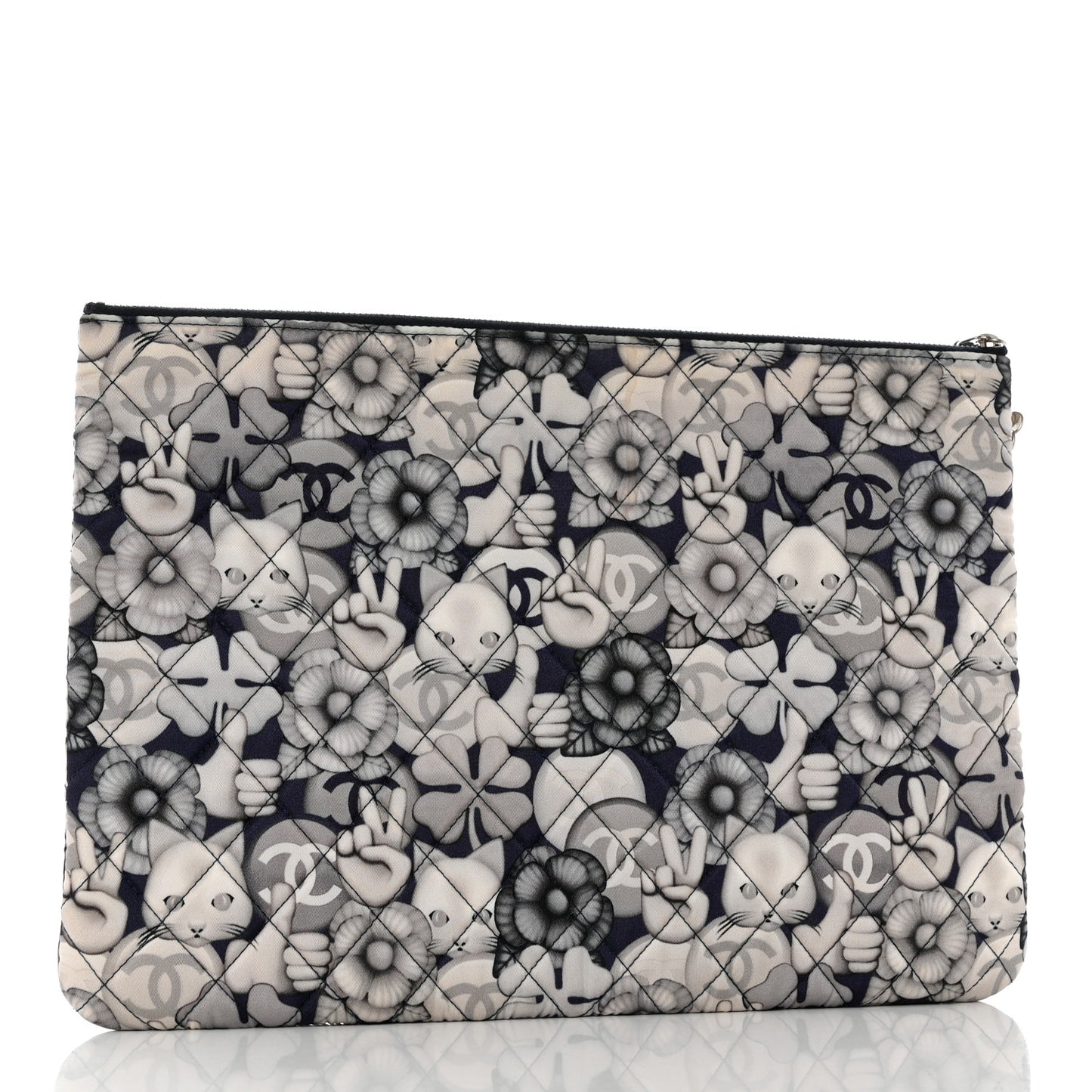 Nylon Quilted Large Cat Emoticon Cosmetic Case Navy Grey Ecru