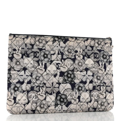 Chanel Nylon Quilted Large Cat Emoticon Cosmetic Case Navy Grey Ecru 3 of 7