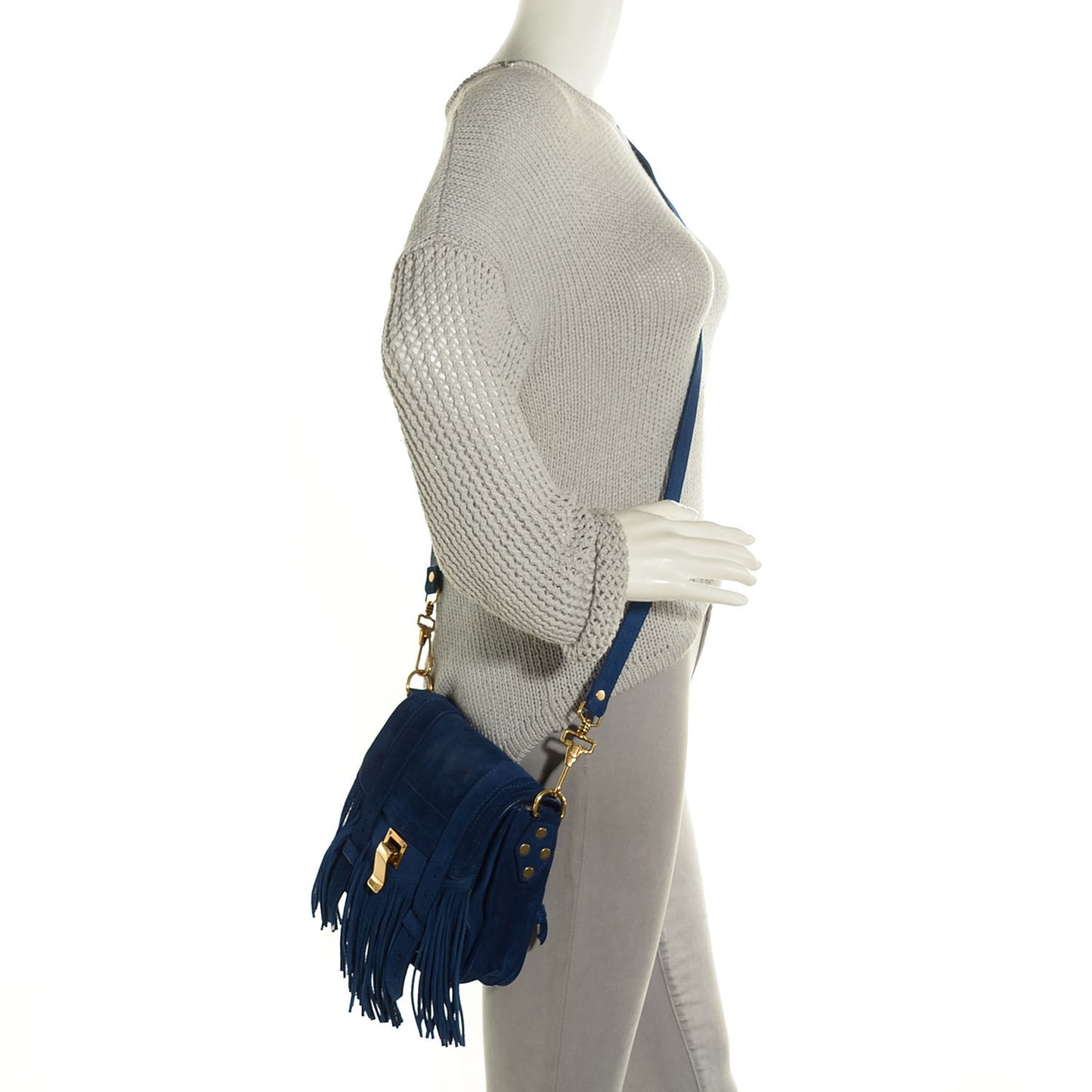Suede Fringed PS1 Crossbody Pouch Cadet Blue