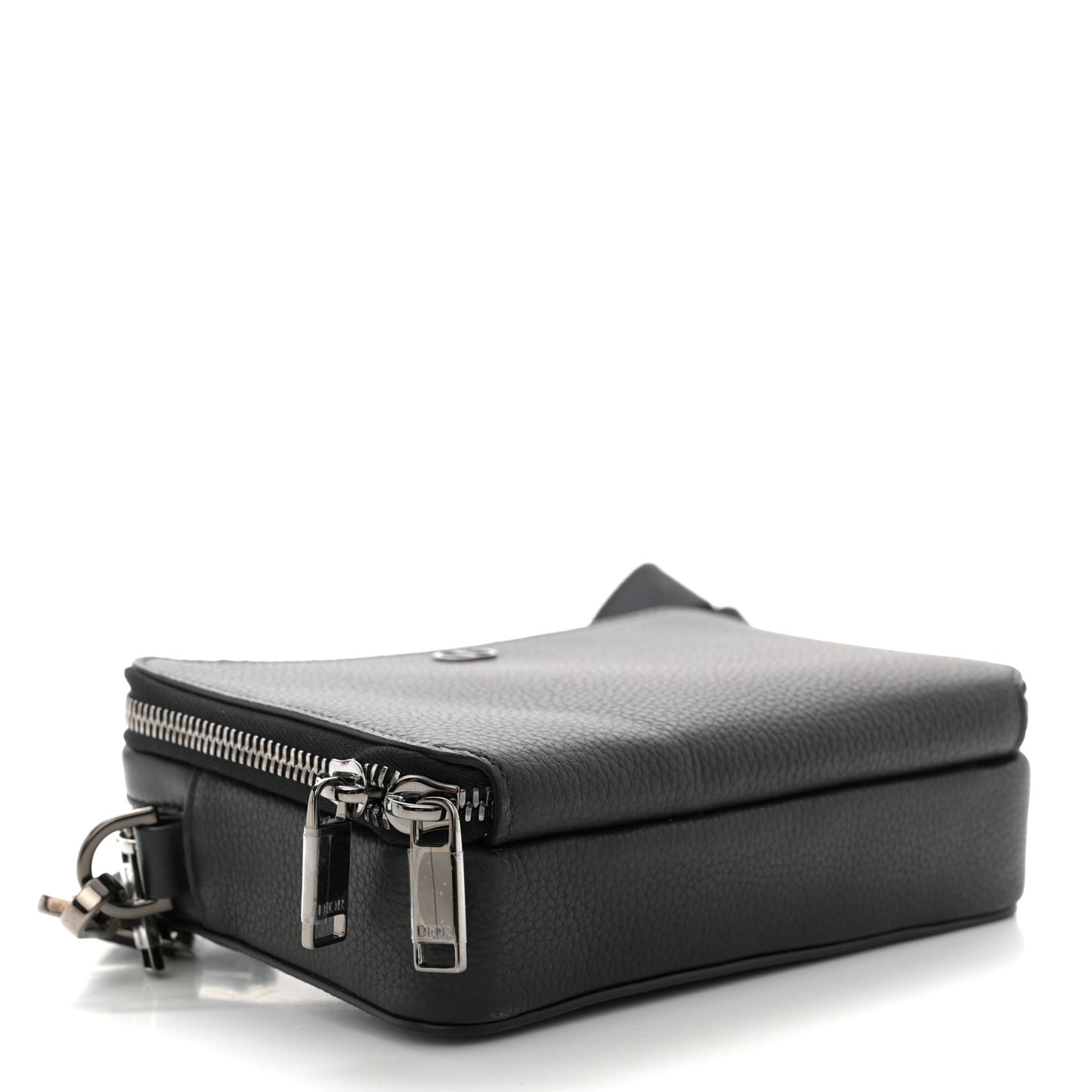 Grained Calfskin CD Icon Zipped Pouch With Strap Black