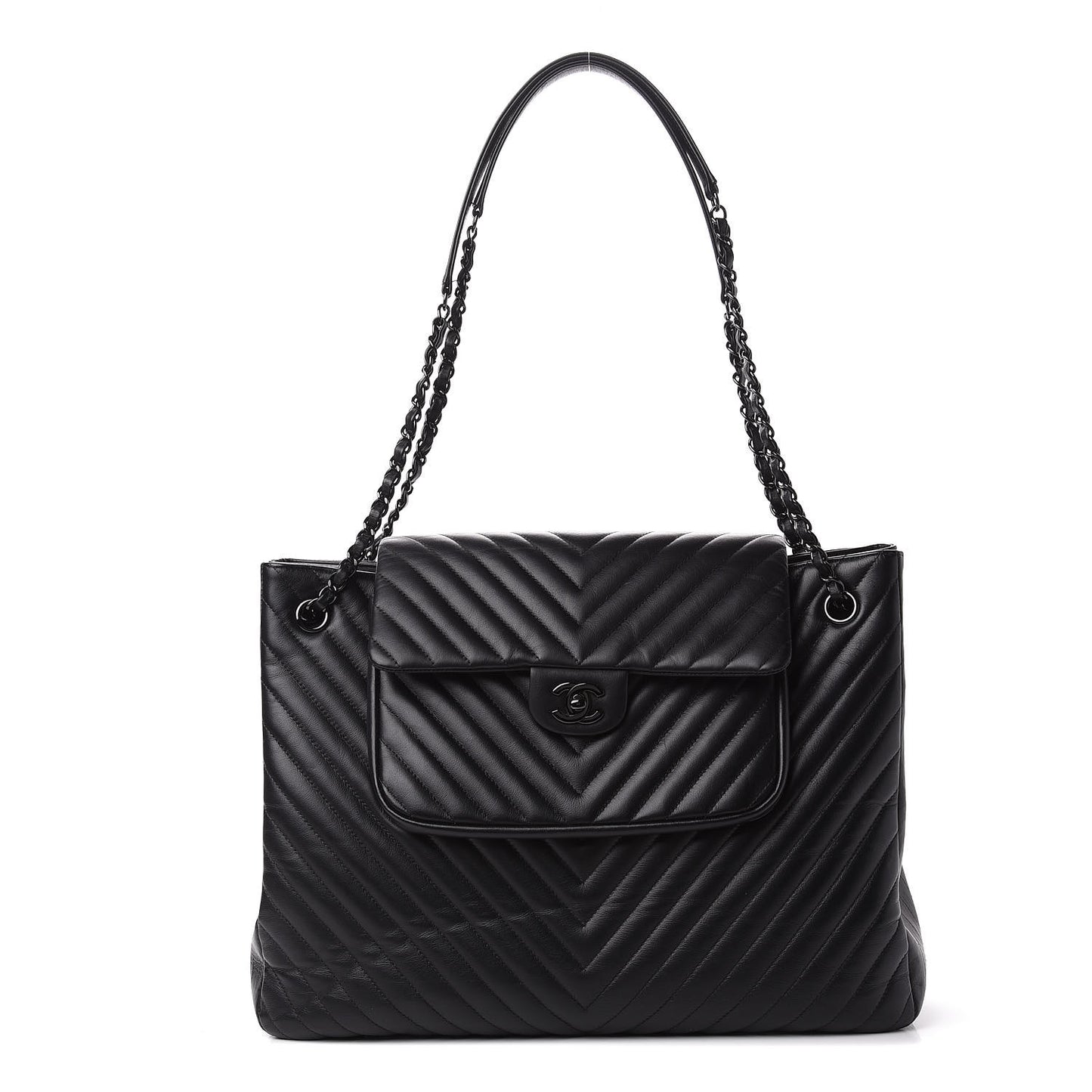 Calfskin Chevron Quilted Flap Tote So Black