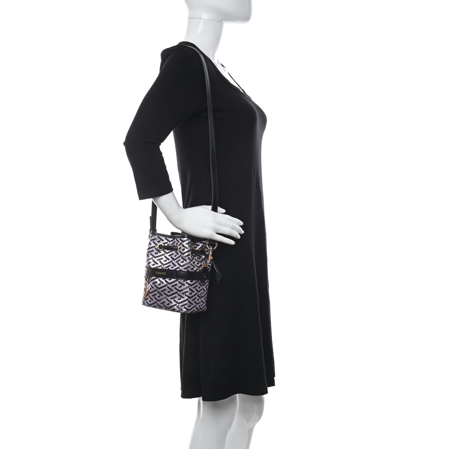 Versace Coated Canvas La Greca Glitter Print Mini Bucket Bag Orchid Black 3 of 11