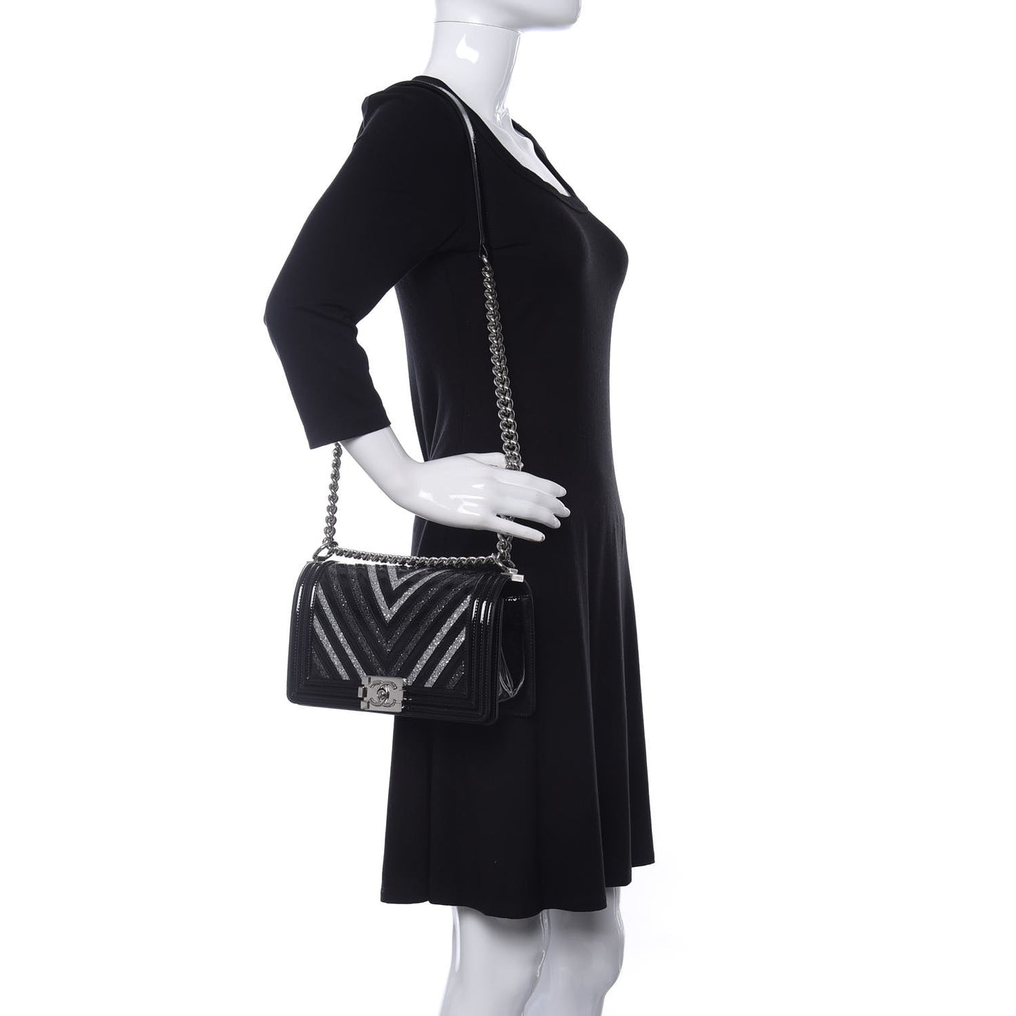 Patent Glitter PVC Chevron Quilted Medium Boy Flap Black Silver