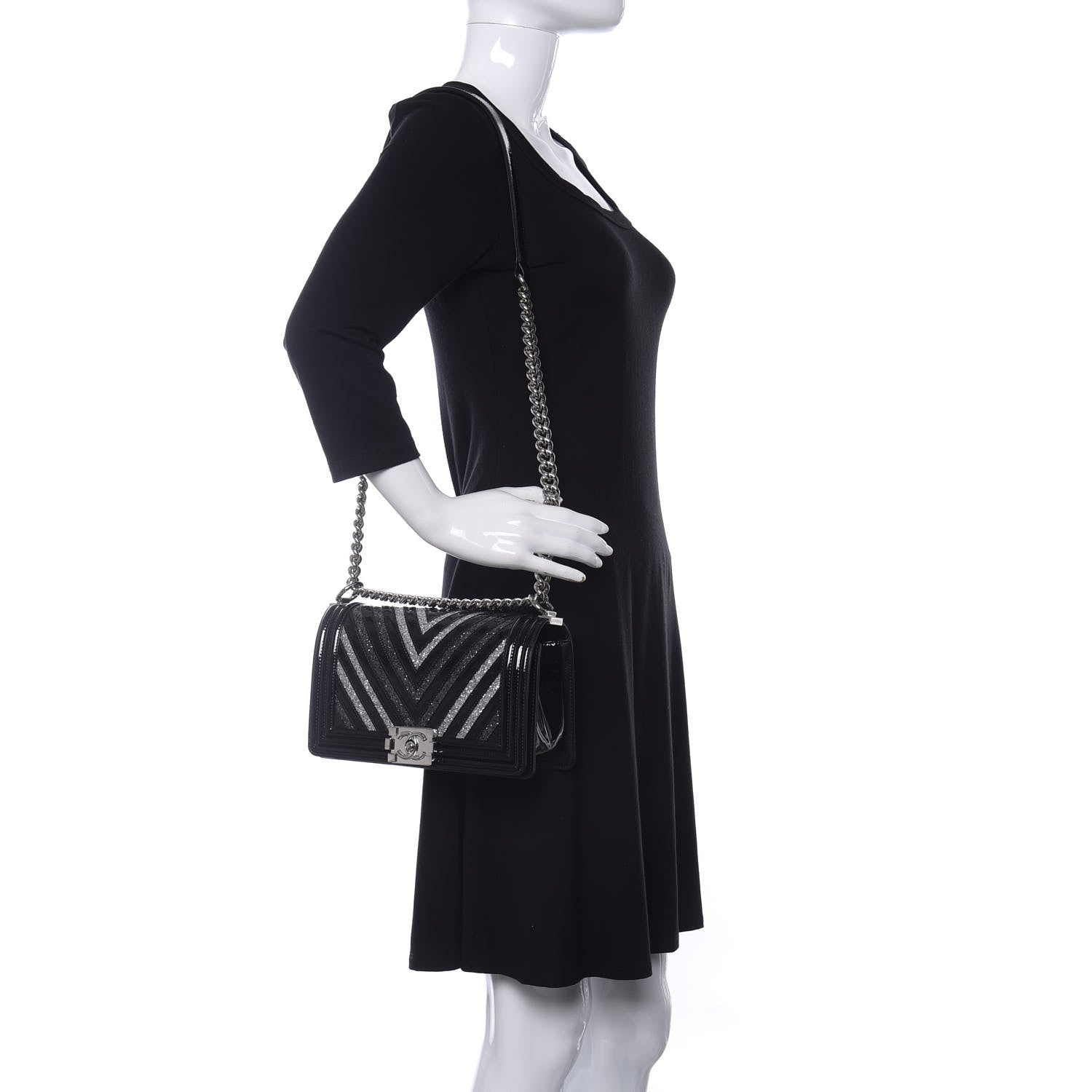 Chanel Patent Glitter PVC Chevron Quilted Medium Boy Flap Black Silver 2 of 12