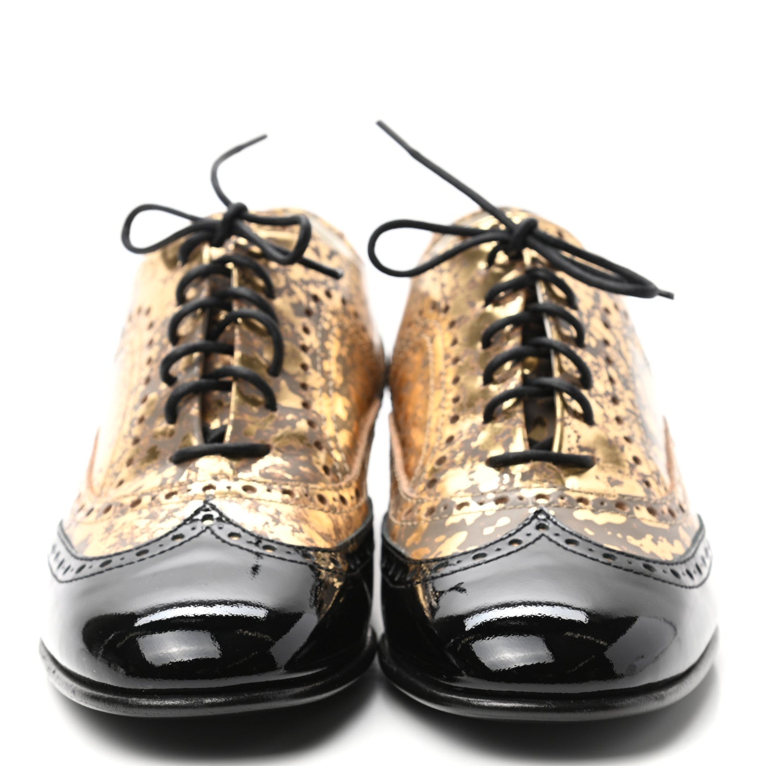 Chanel Fantasy Patent Calfskin Lace Up Oxfords 38 Gold Black 2 of 8