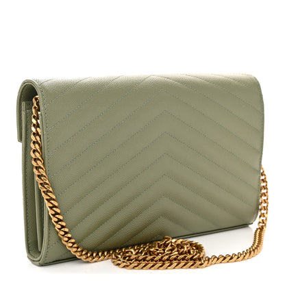 Saint Laurent Grain De Poudre Matelasse Chevron Monogram Chain Wallet Light Sage 3 of 9