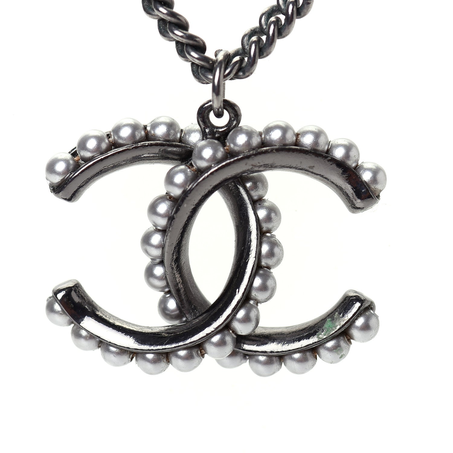Chanel Pearl CC Pendant Necklace Silver 4 of 5