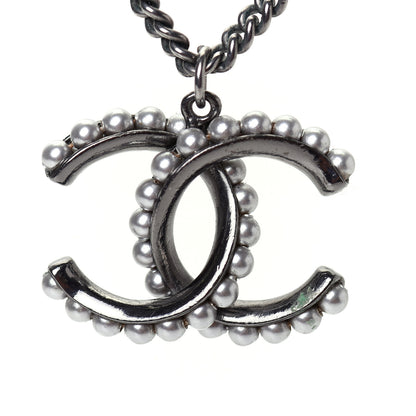 Chanel Pearl CC Pendant Necklace Silver 4 of 5