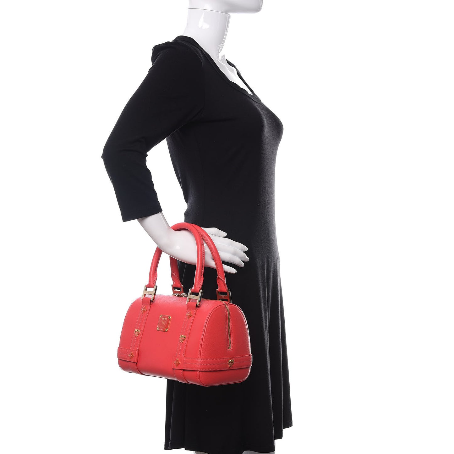 Saffiano Studded Small Boston Bag Hot Coral