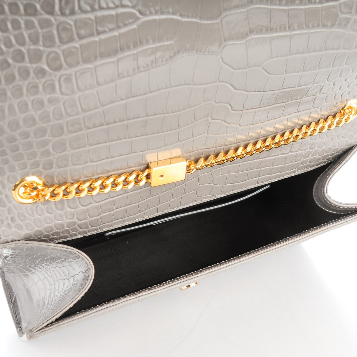 Calfskin Crocodile Embossed Medium Classic Monogram Kate Tassel Satchel Fog