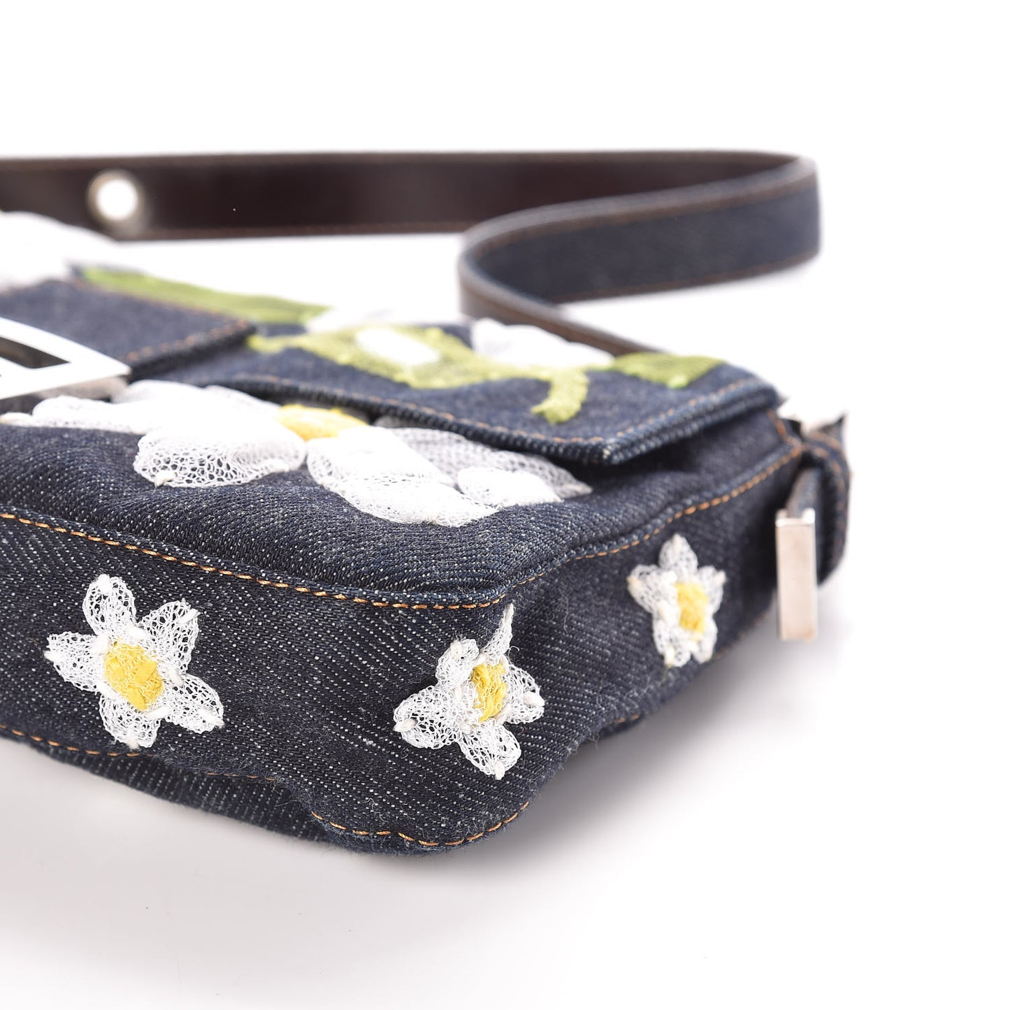 Denim Flower Applique Baguette Blue