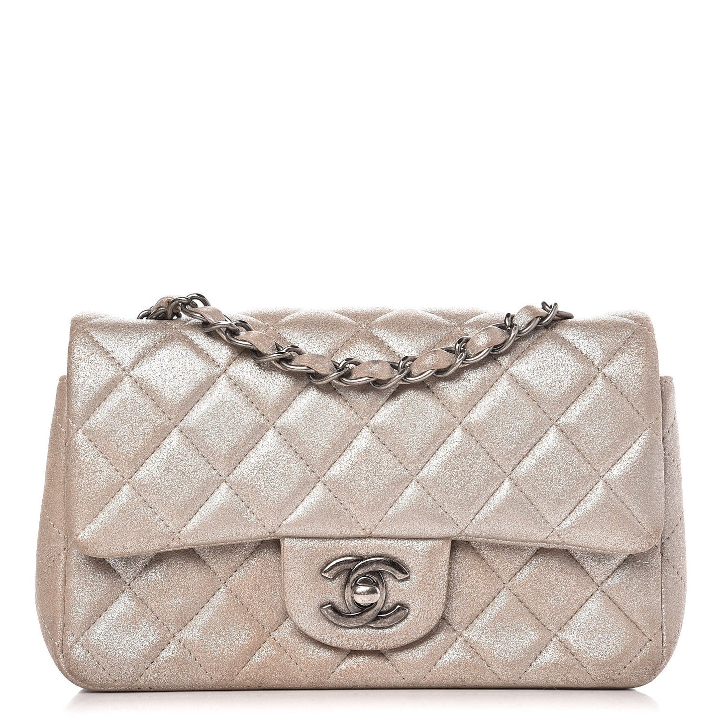 Iridescent Calfskin Quilted Mini Rectangular Flap Light Gold