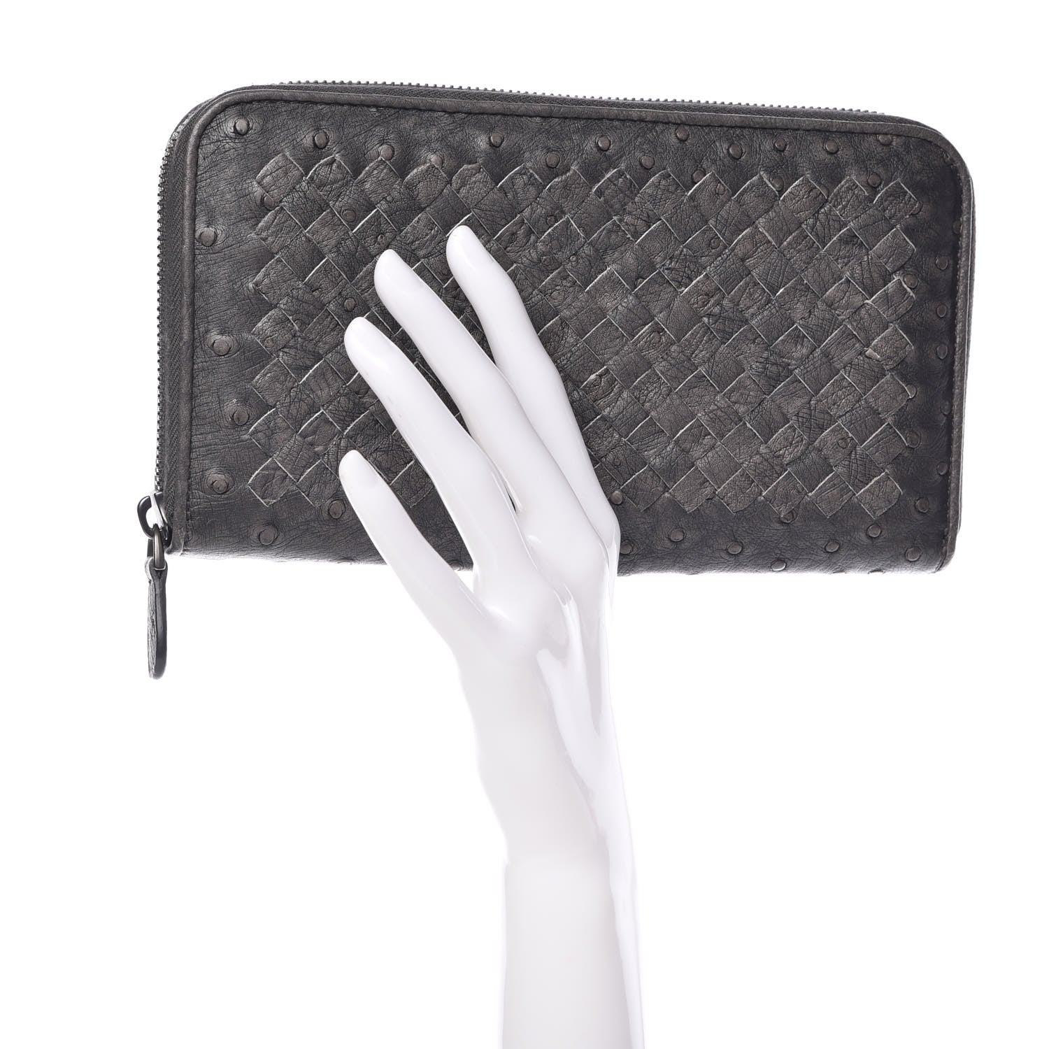 Bottega Veneta Ostrich Intrecciato Zip Around Wallet Ardoise 2 of 11