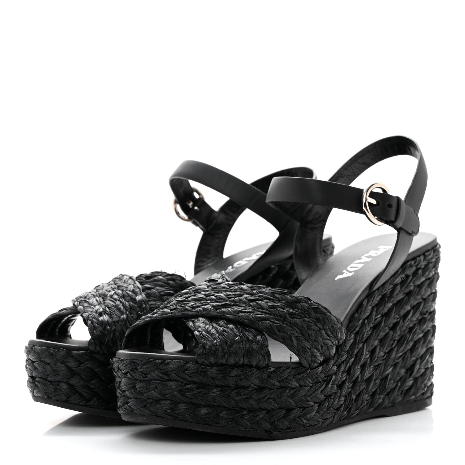 Prada Raffia Crisscross Wedge Sandals 39 Black 3 of 15