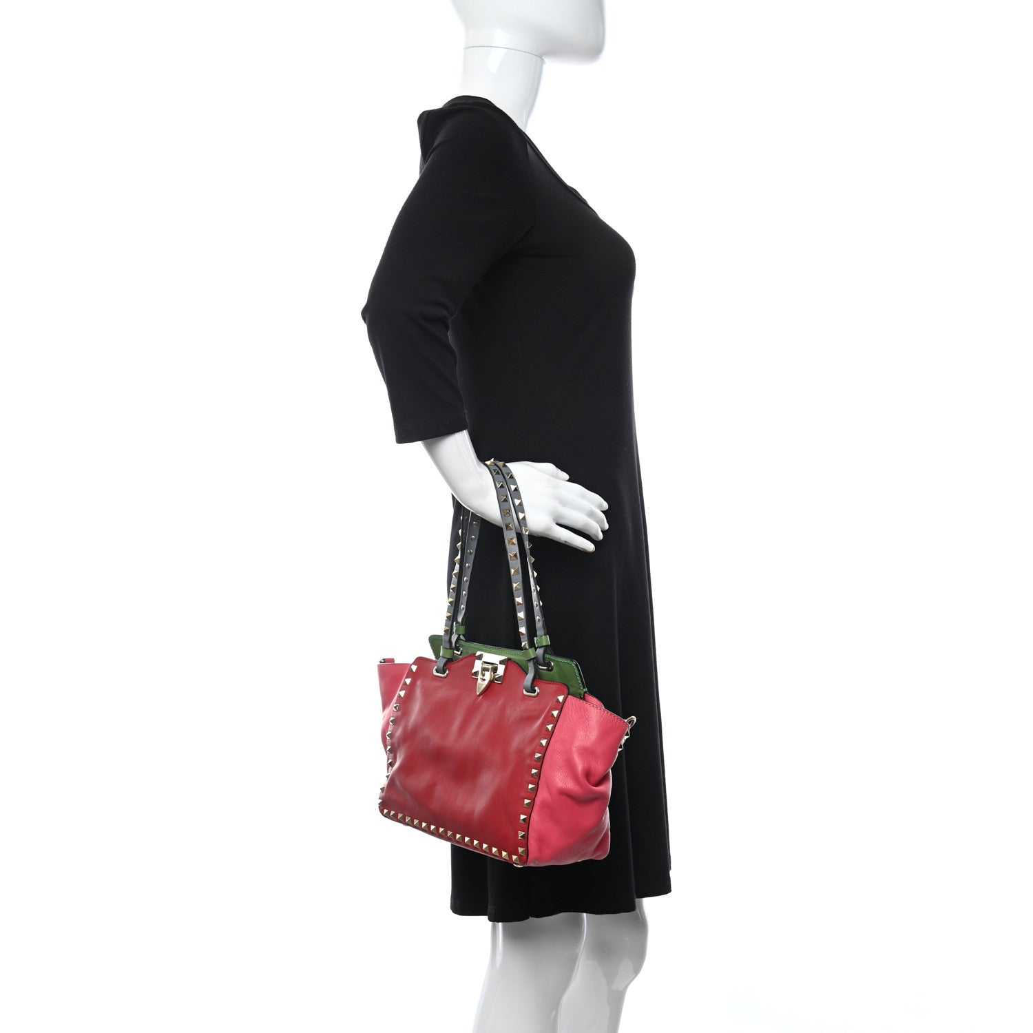Valentino Garavani Vitello Colorblock Small Rockstud Tote Deep Rose Clover Grey Scarlet 2 of 17