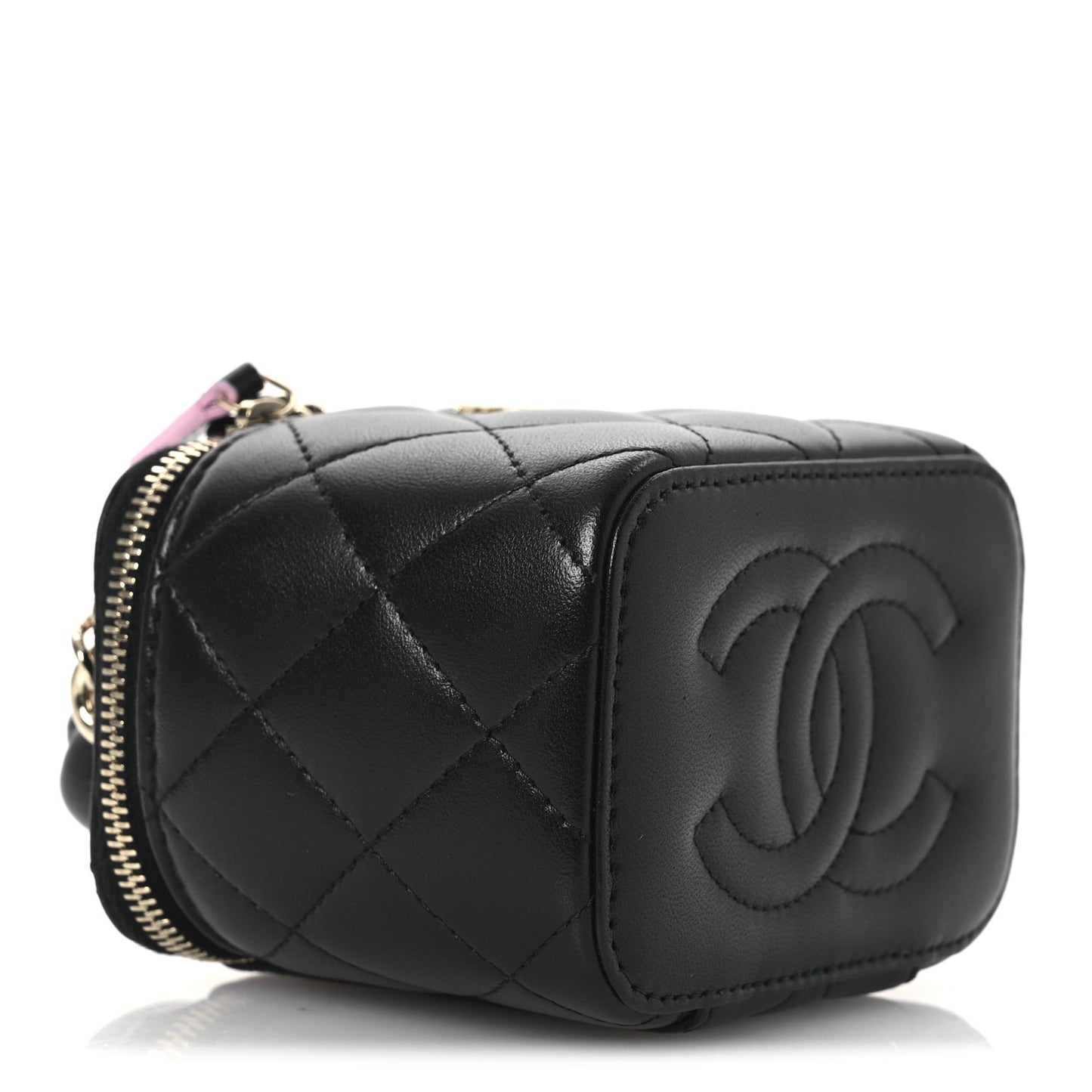 Lambskin Quilted Top Handle Mini Vanity Case With Chain Black Pink