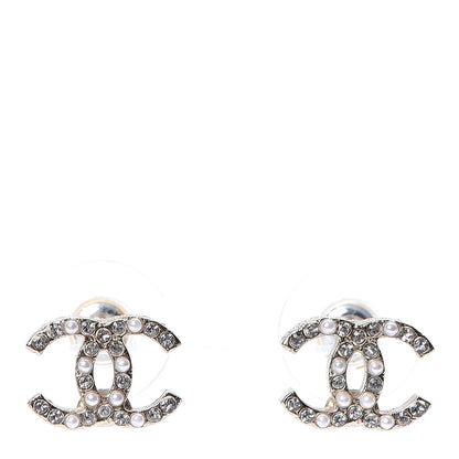 Chanel Pearl Crystal CC Charms Stud Earrings Light Gold 1 of 5