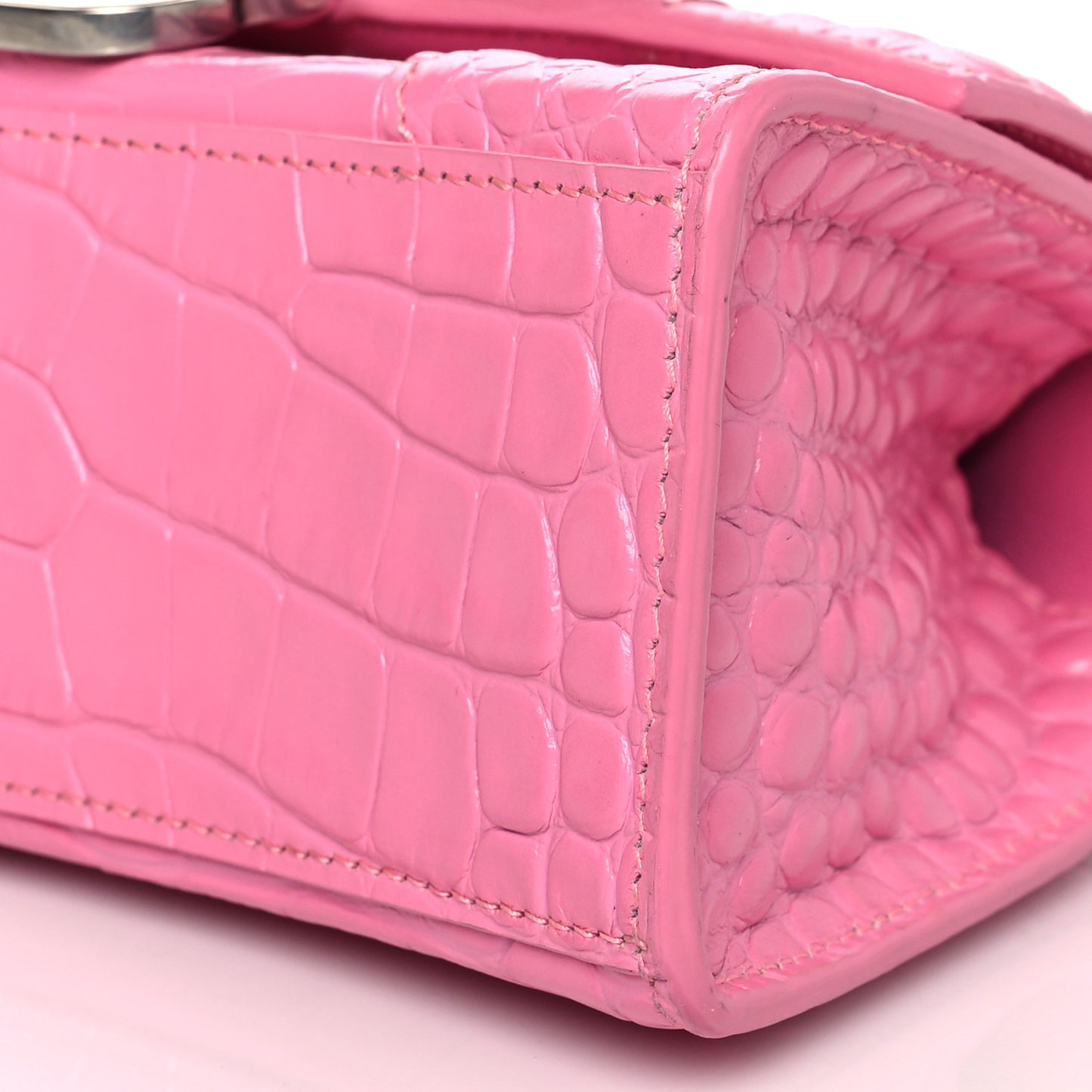 Shiny Calfskin Crocodile Embossed Hourglass Top Handle Bag XS Baby Pink