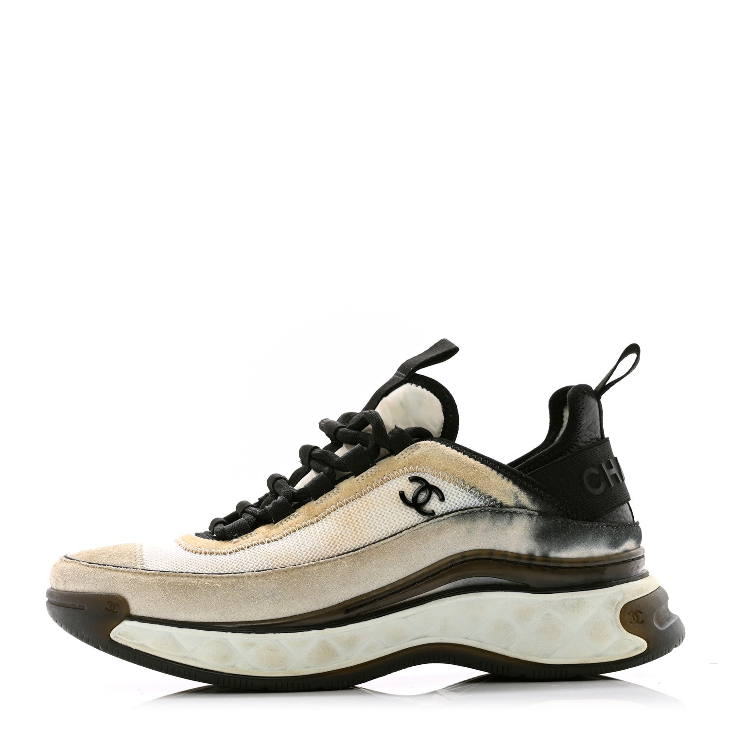 Chanel Fabric Suede Calfskin CC Sneakers 37 Ivory Black 1 of 11