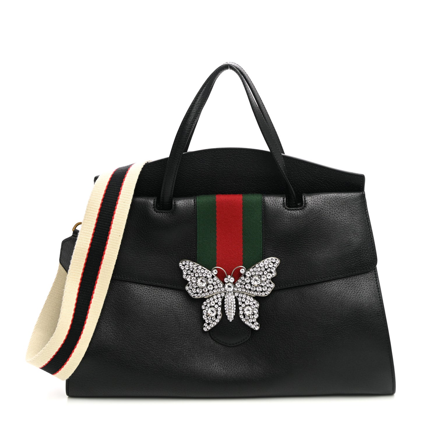 Grained Calfskin Web Crystal Butterfly Stripe Large Totem Top Handle Bag Black