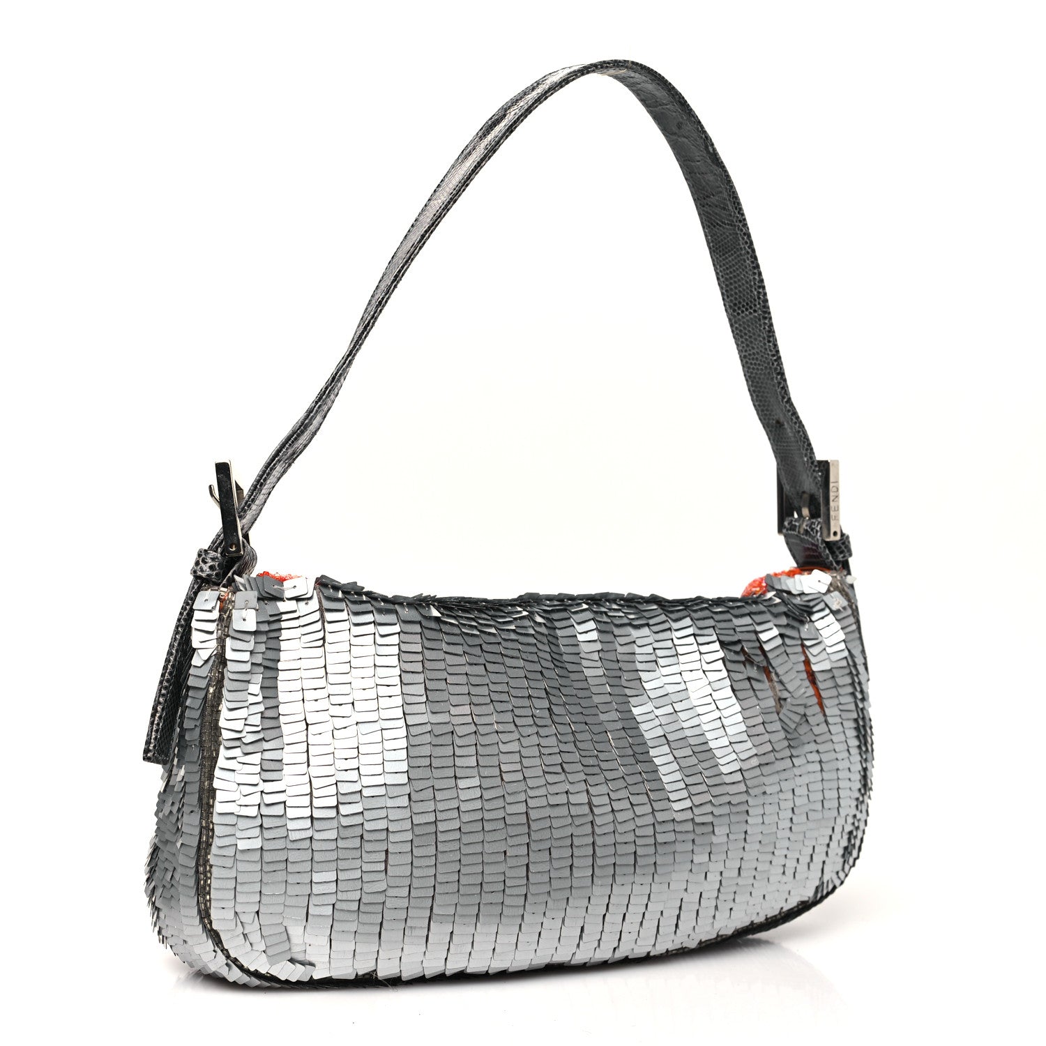 Fendi Sequin Beaded Lizard Baguette Silver Orange 3 of 12