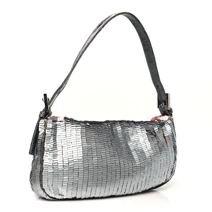 Fendi Sequin Beaded Lizard Baguette Silver Orange 3 of 12