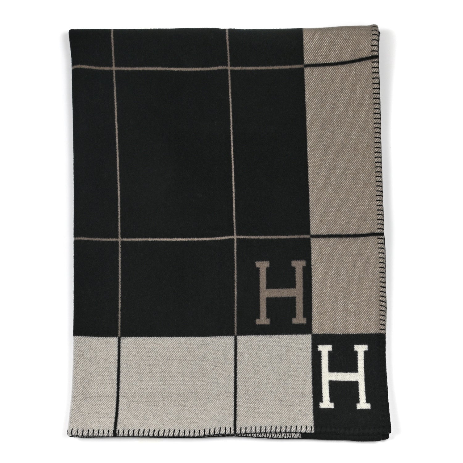 Hermes Wool Cashmere Avalon III Blanket Ecru Black 1 of 3