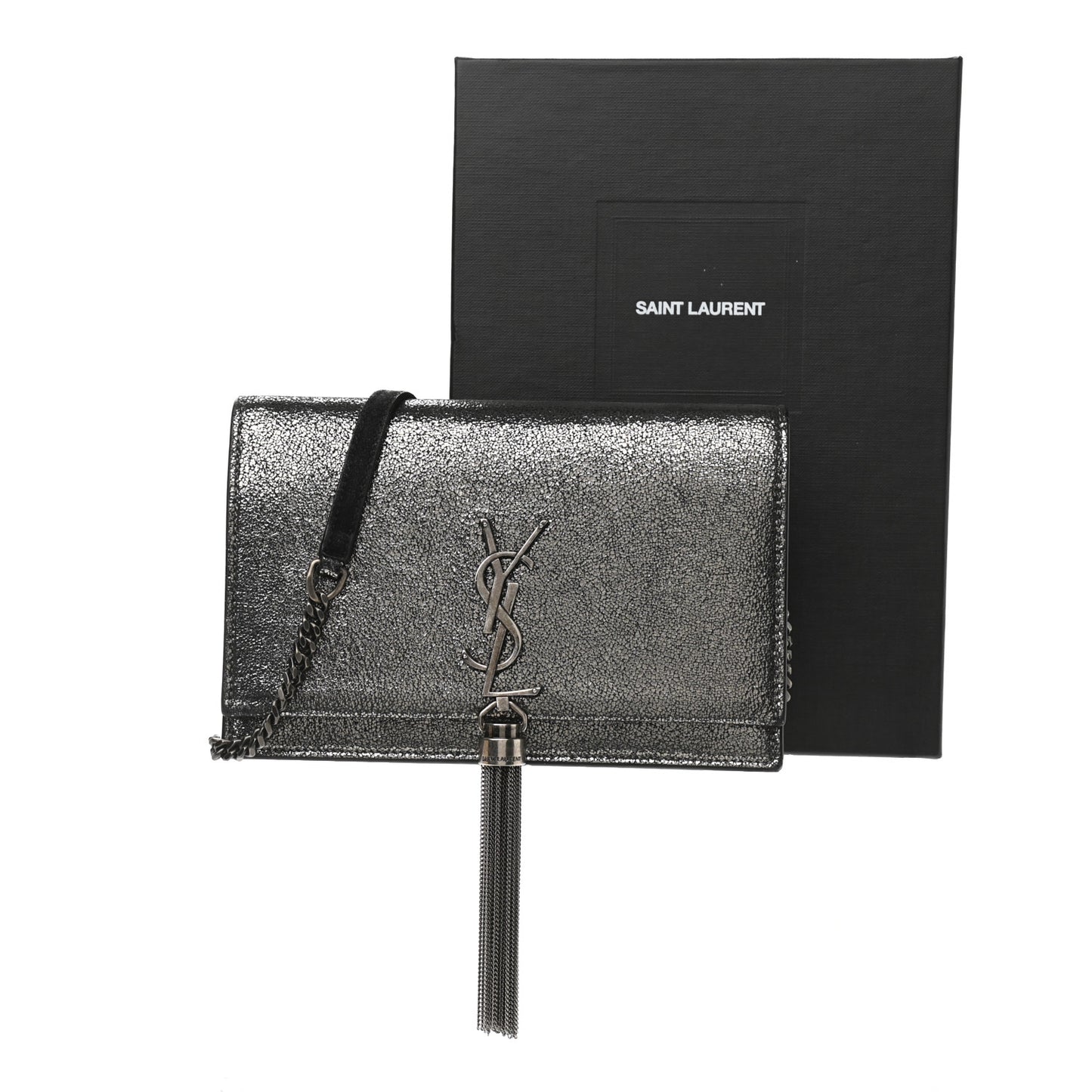 Metallic Calfskin Classic Monogram Kate Tassel Chain Wallet Gun Metal