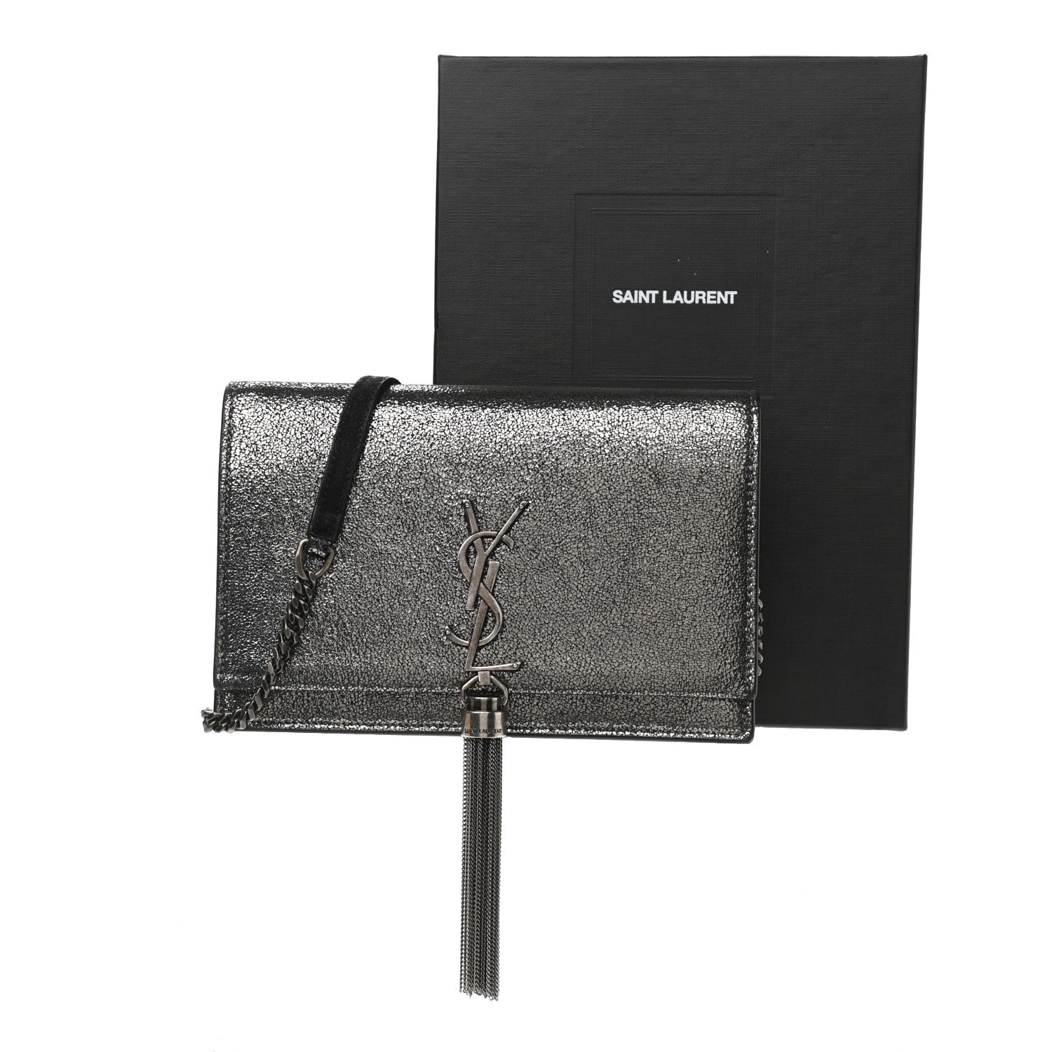 Saint Laurent Metallic Calfskin Classic Monogram Kate Tassel Chain Wallet Gun Metal 12 of 12