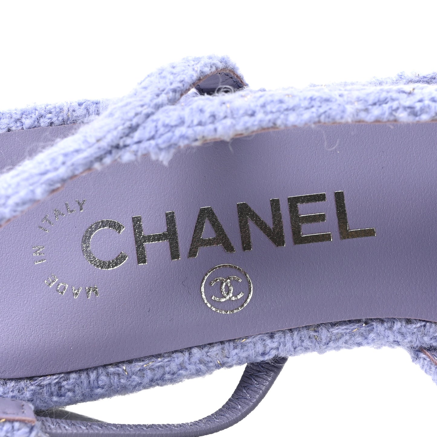 Iridescent Wool Tweed Patent Cap Toe CC Slingback Flats 36 Light Purple Silver Black