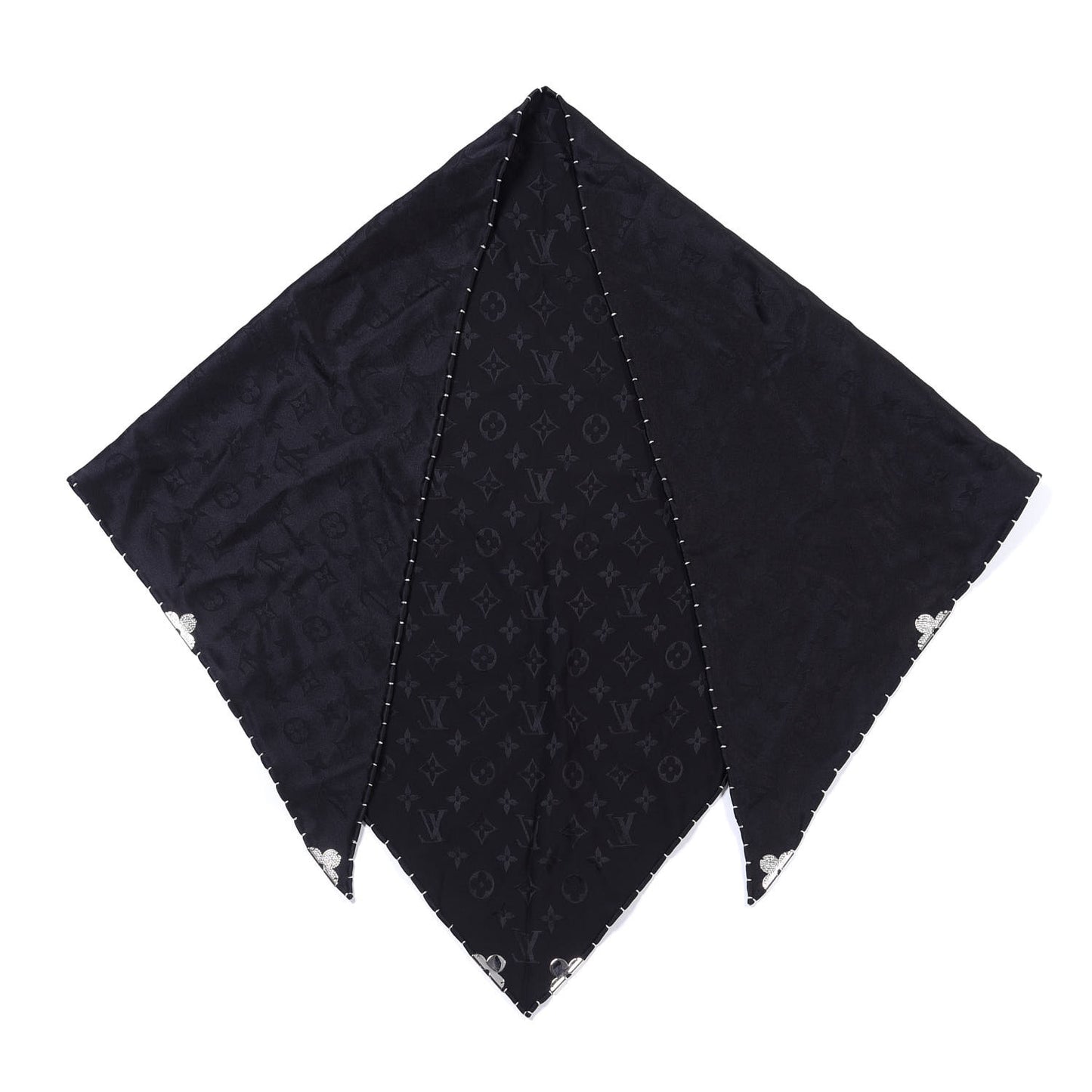 Silk Strass Monogram Flower Crown Triangle Scarf Black
