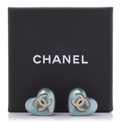 Chanel Pearl Crystal CC Heart Earrings Blue Gold 5 of 5