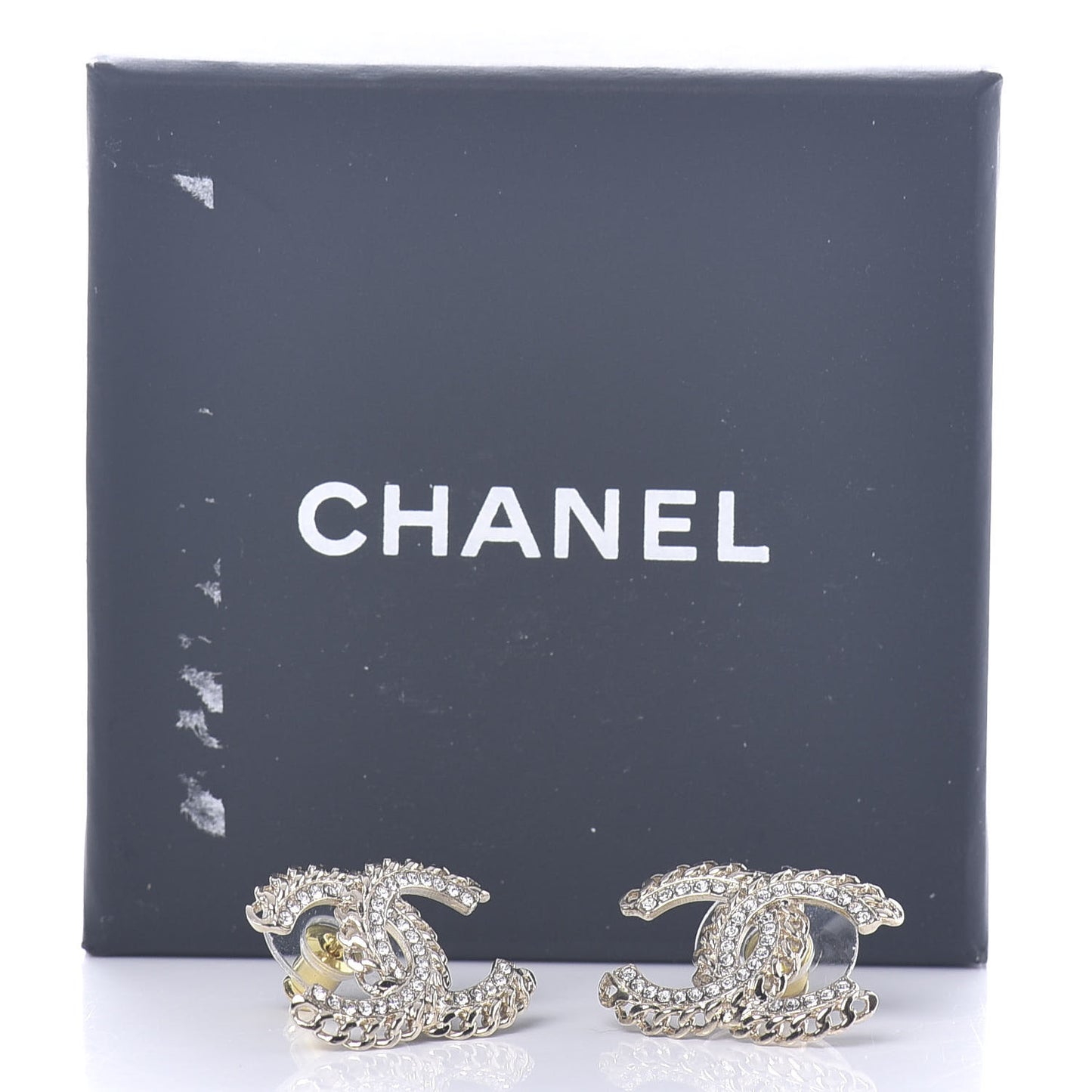 Crystal Chain CC Earrings Gold