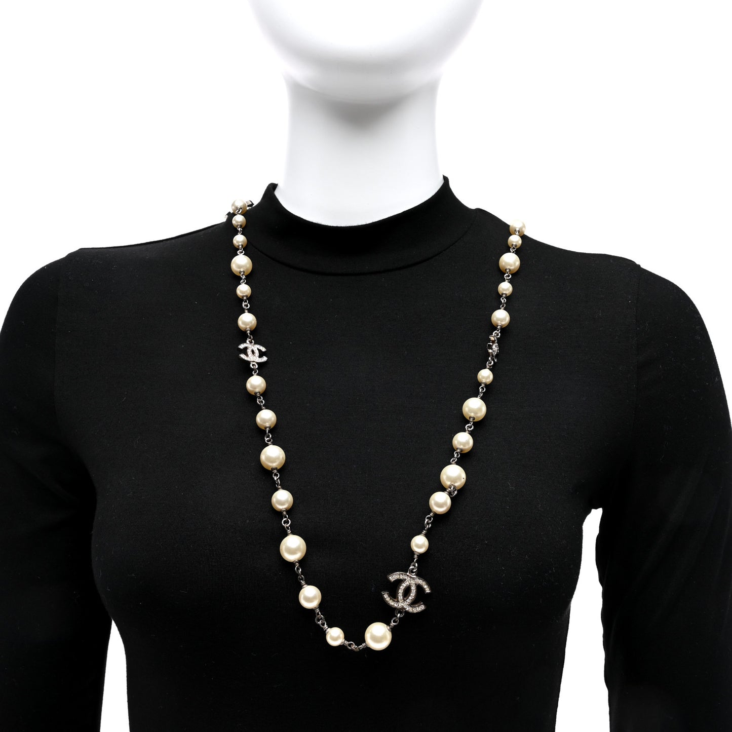 Graduated Pearl Crystal CC Long Necklace Silver