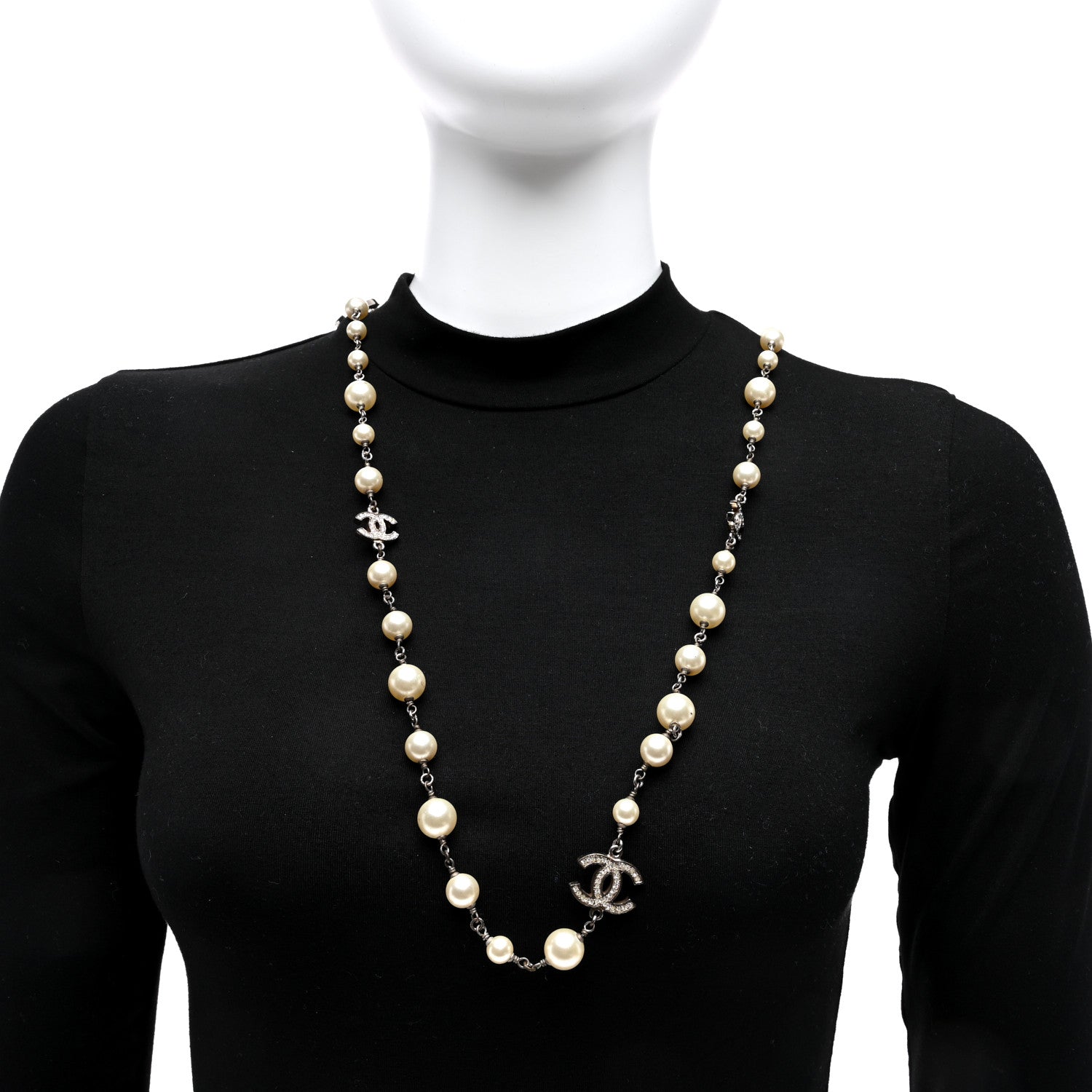 Chanel Graduated Pearl Crystal CC Long Necklace Silver 2 of 4