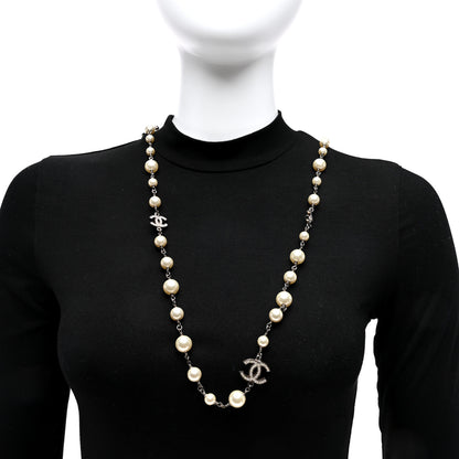 Chanel Graduated Pearl Crystal CC Long Necklace Silver 2 of 4