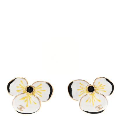 Chanel Metal Resin Glass Pearl CC Flower Stud Earrings  Gold White Black 1 of 5