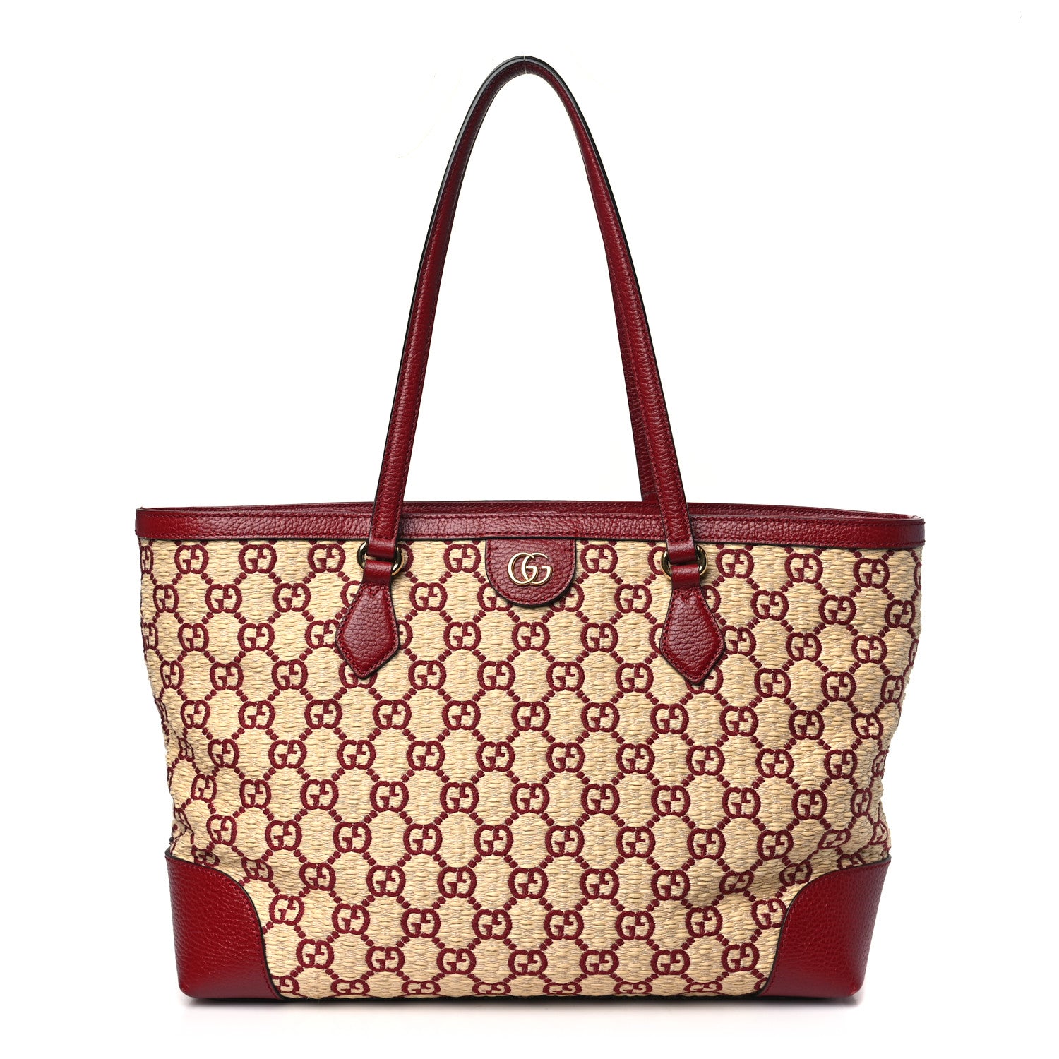 Gucci Straw Jacquard Dollar Calfskin GG Monogram Medium Ophidia Shopping Tote Natural New Cherry Red 1 of 13