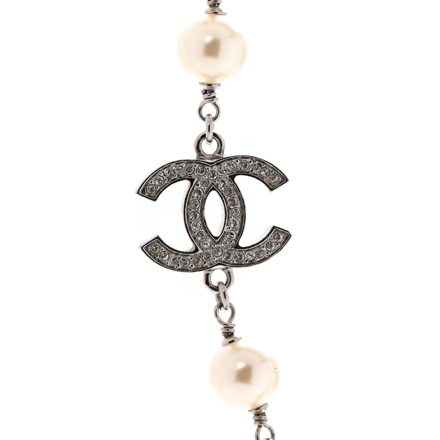 Crystal Pearl CC Long Necklace Silver