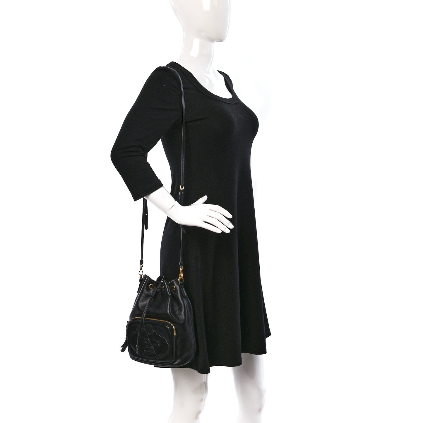 Glace Calfskin Embossed Bucket Bag Black